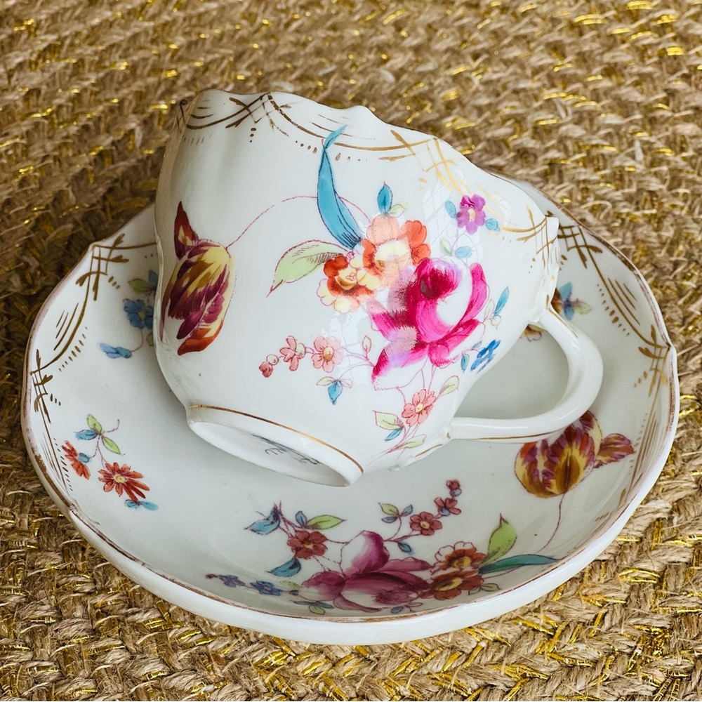 Meissen Dresden Flowers Cup & Saucer Set Crossed Swords